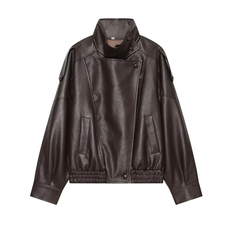2026 Autumn New Collection Trendy Female PU Leather Coat Stand Up Collar Long Sleeves Jacket Women Loose Outerwear With Pockets