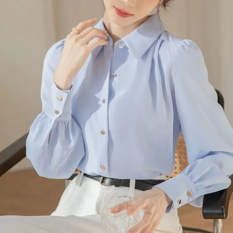 Autumn New Korean Loose White Shirt Tops Long Sleeve Polo Neck Solid Simplicity Office Blouse Temperament Elegant Women Clothing