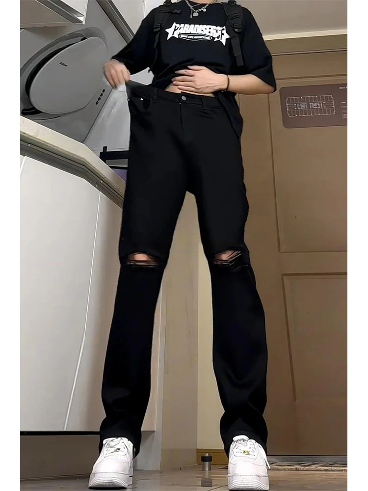 

Black High Waist Skinny Jeans Men's Summer Thin Straight American High Street Vibe Knife Jeans Tear Hole Denim Pants