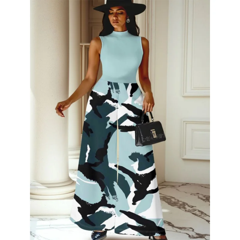 

New Summer Women's SleevelessvCollar Printed Sexy Jumpsuit European and American Cross-Border Foreign Trade Women's Clothing