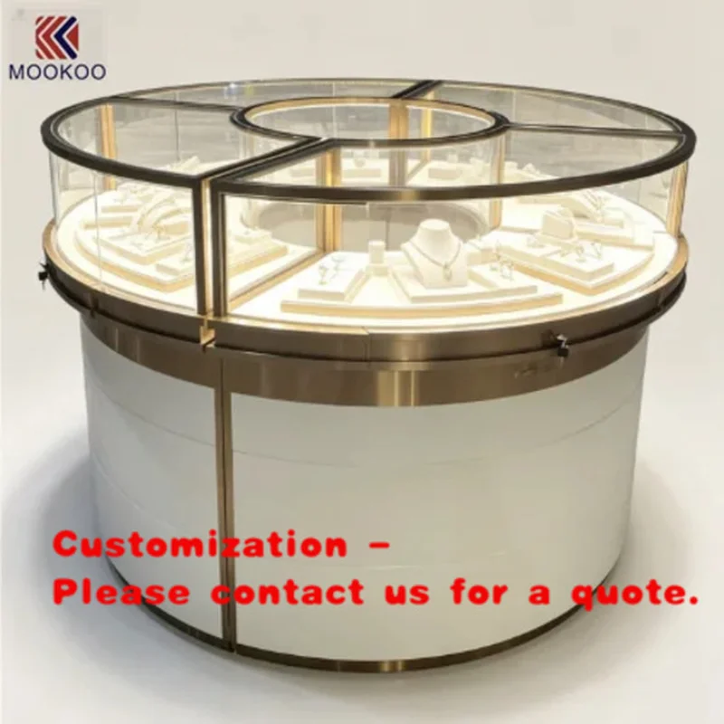 custom.Custom Hollow Center Round Jewelry Display Counter Segmented Tempered Brushed Gold Stainless Steel LED Jewellery Shop Sho