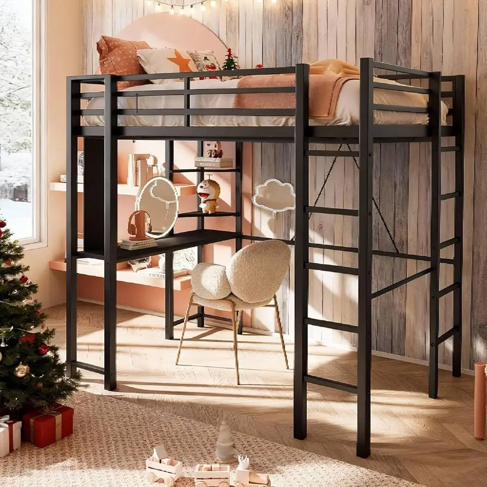 Cama Alta de Metal Grande con Escritorio, Escaleras Dobles y Barandilla de Seguridad, Ideal para Espacios Compactos, Dormitorios, Niños y Adultos, Color Negro Clásico