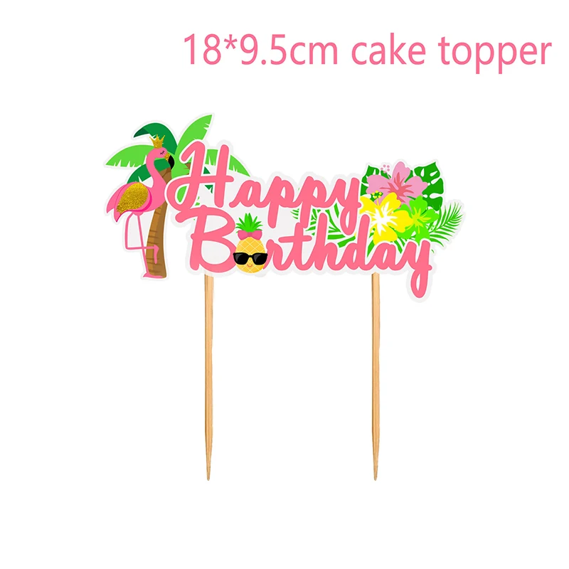 Hawaiian Cupcake Toppers Flamingo Pineapple Happy Birthday cake Topper Tropical Summer Beach Birthday Party Cake Decoration