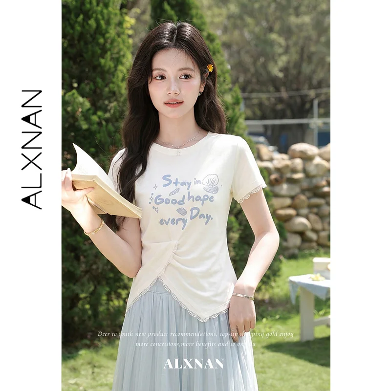 ALXNAN White Short Sleeve T-shirt Round Neck Lace Cuffs Irregular Ruched Twist Knot Detail Tees Slim Elegant Female Top L672136A
