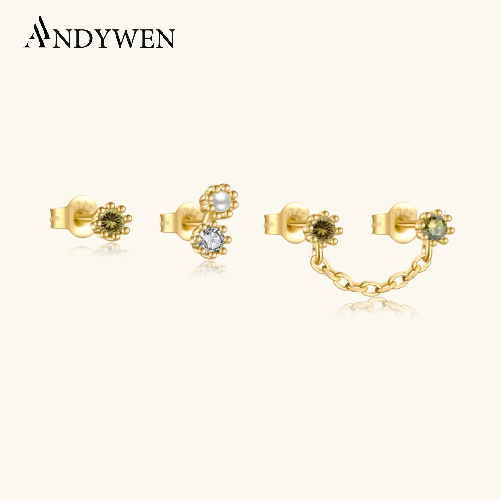 ANDYWEN 925 Sterling Silver Gold 3pcs/Set Pearl Light Green White Tide Stud Earring Piercing Women Crystal Fine Jewelry Gift
