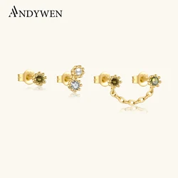 ANDYWEN 925 Sterling Silver Gold 3pcs/Set Pearl Light Green White Tide Stud Earring Piercing Women Crystal Fine Jewelry Gift