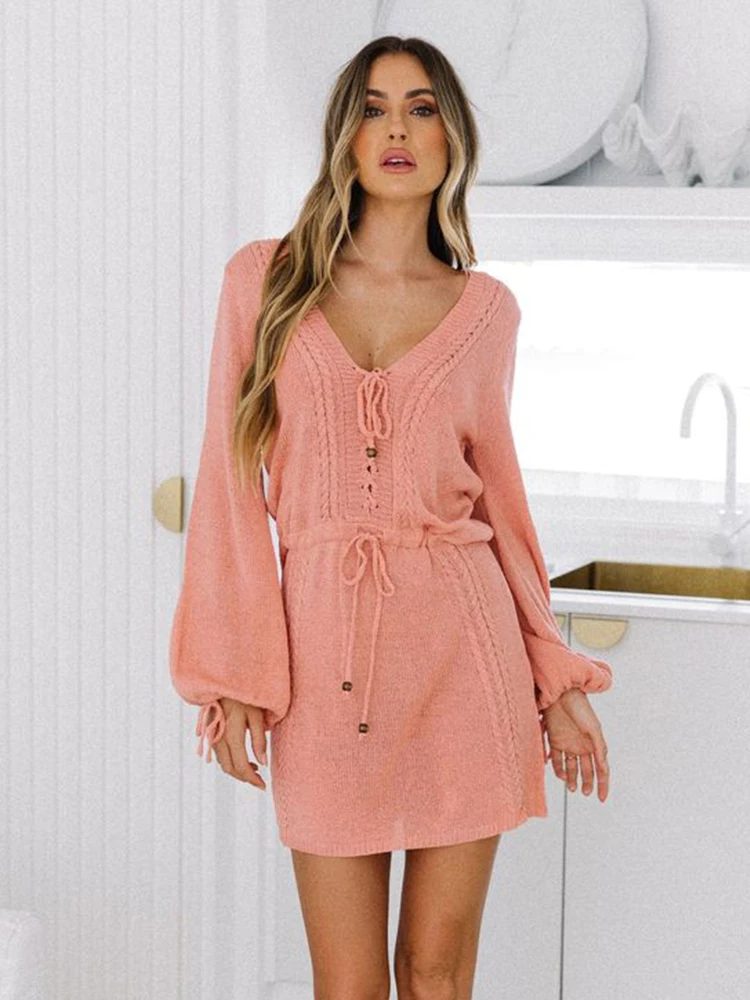 Summer Knitted V-neck Lace-up Lantern Sleeve Pink Beach Mid-length Dress 2024 Women Sexy Swimsuit Bikini Cover-ups Tunic A2845