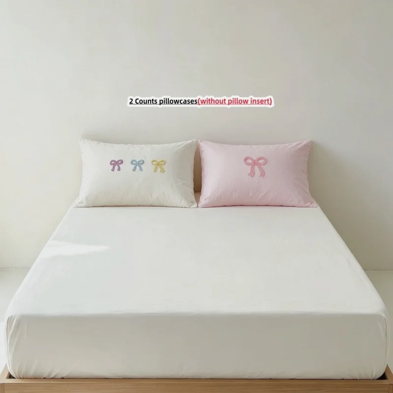 3Pcs Fitted Bed Sheet With Elastic Band Anti-slip Adjustable Mattress Cover embroidery bow Pillowcase without pillow core