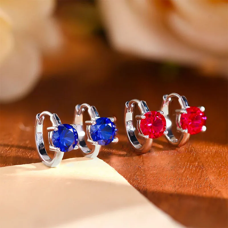 KEEP YES 6.5mm 1ct Round Synthetic Lab Grown Ruby Sapphire Gemstone Hoop Earrings for Women 925 Sterling Silver Fine Jewelry