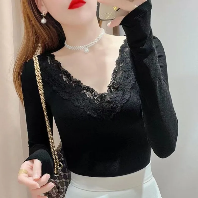 Autumn and Winter Women\'s Solid V-Neck Cotton Liner Long Sleeve Lace Slim Underlay Basic Fashion Sexy Korean Office Lady Tops