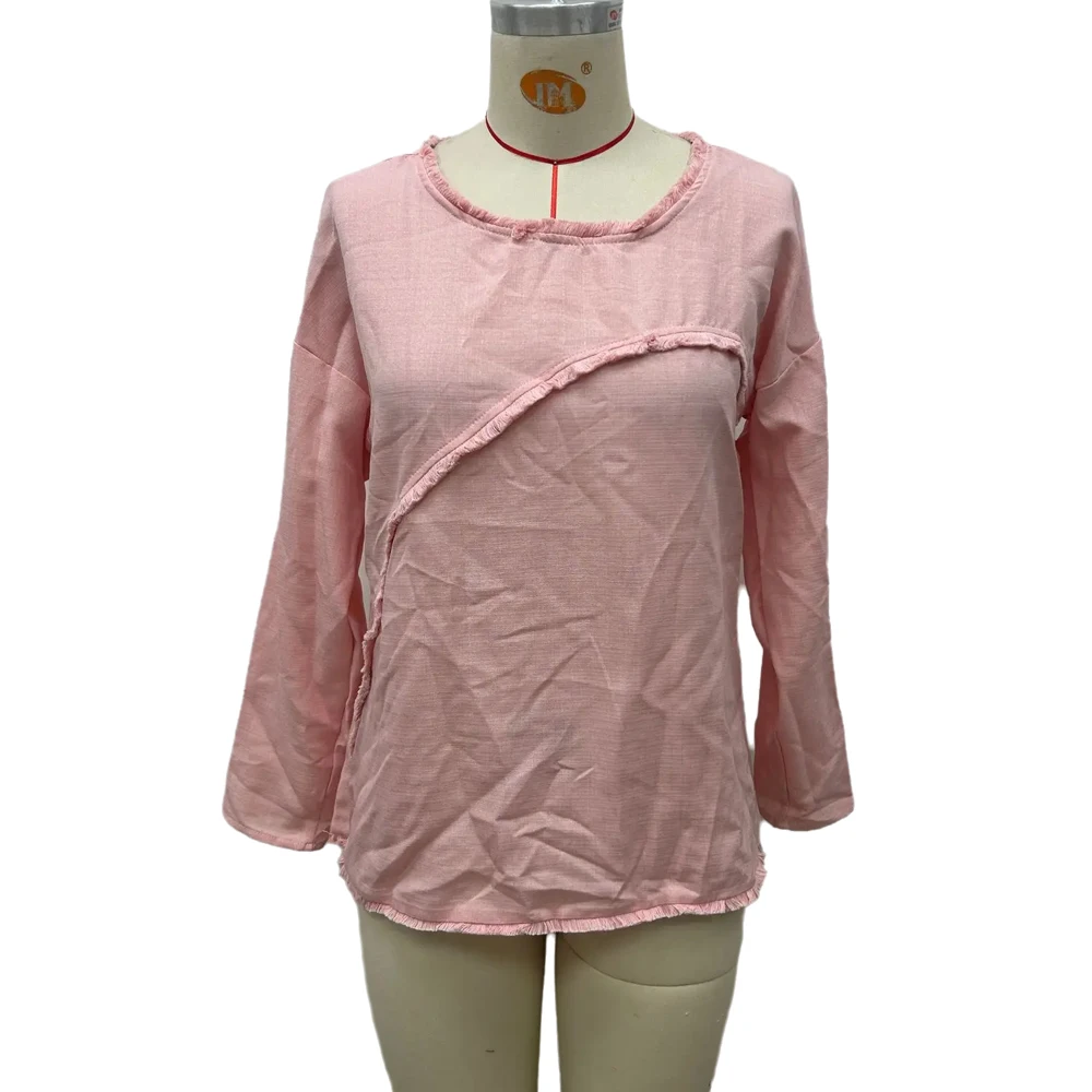 Women Casual T-shirt Round Neck Fringe Decor Loose Fit Tops Fall Fashion Basic Tee Y2K Street Work Office Daily Wear T Shirts