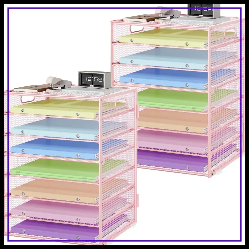

8-Tier Pink Mesh File Sorter, Large Capacity Desk Organizer with Handle, Paper Letter Tray for Office & Home