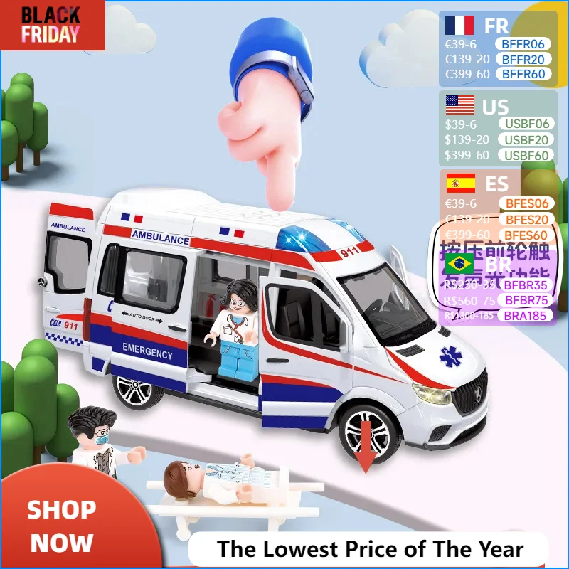 1:24 Sprinter Alloy Ambulance Vehicles Car Model Diecasts Metal Toy Ambulance Car Model Simulation Sound and Light Kids Toy Gift