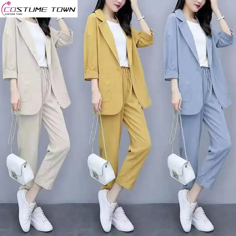 Summer New Thin Chiffon Jacket Blazer Lace-up Casual Pants Two-piece Elegant Women's Pants Suit Office Outfits Sports Suit