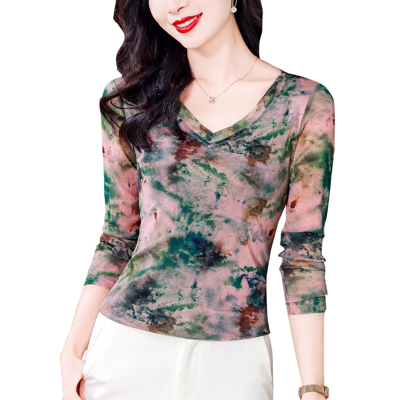 Moda damska nowa siateczkowa koszulka M-3XL podstawowy dekolt w serek z długim rękawem t-shirty damskie Slim Stretch najniższy top Tees Ladies — zdjęcie 2