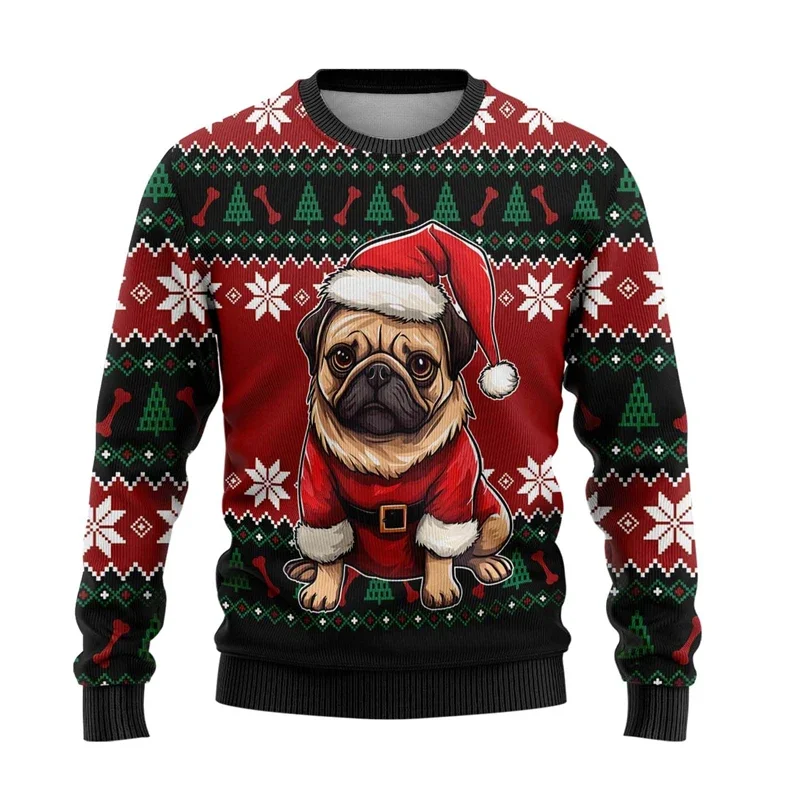 Kawaii Panda Pug 3D Print Unisex Long Sleeve Sweater Funny Animal Crewneck Sweatshirts Casual Ugly Christmas Pullovers Cute Tops