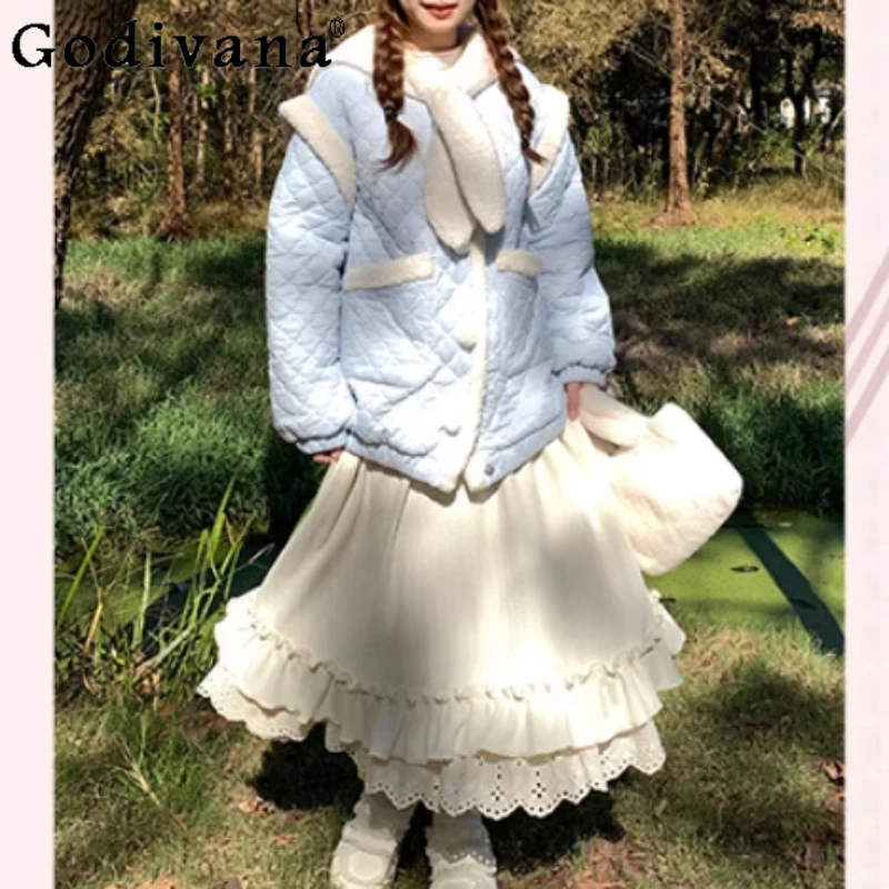 Autumn Winter High Waist Beige Lace Sweet Girl Loose Japanese Skirt Fashion Versatile Age Reduction Beige Ruffles Fashion Skirts