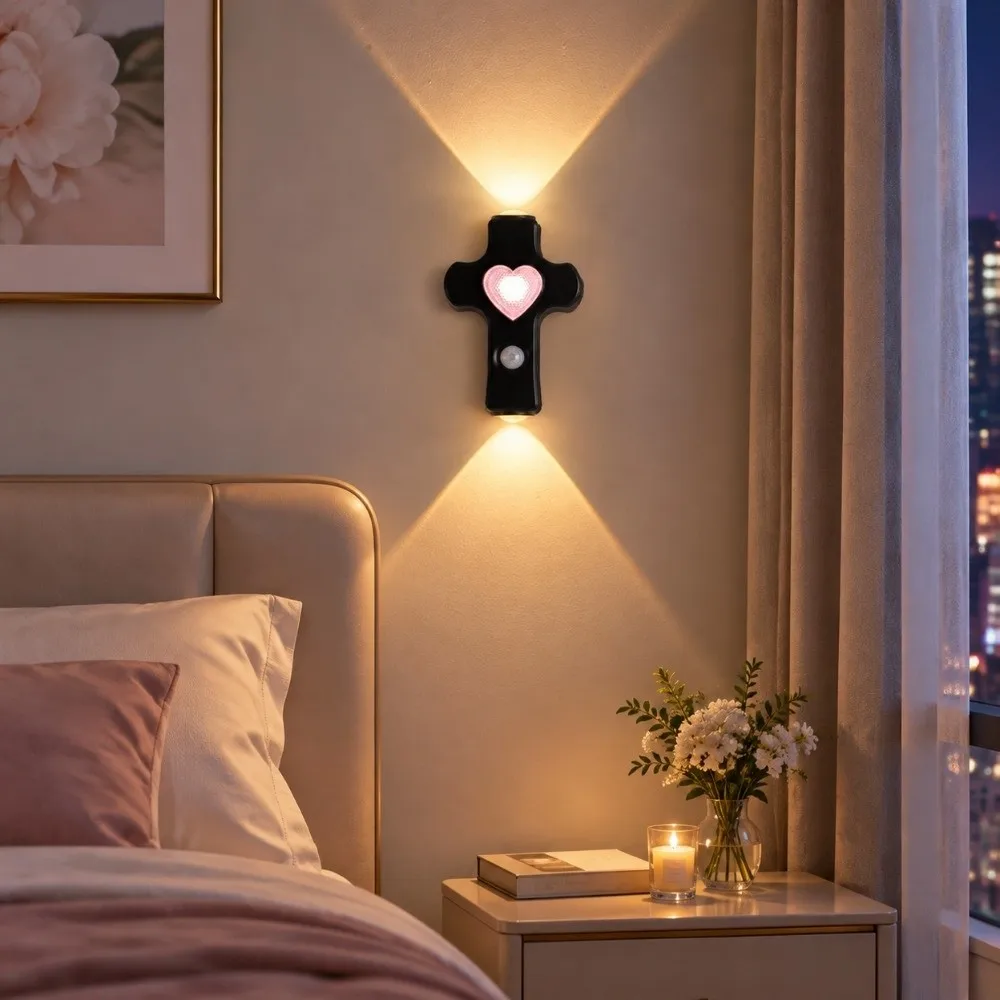 Tri-color Dimming Magnetic Intelligent Wall Lamp Heart Design Wireless Cross-Shaped Night Lamp USB Charging Acrylic Stair Light