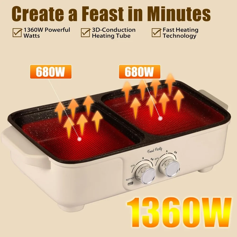 Hot Pot Electric Grill 2 in 1 Korean BBQ Grill Indoor Smokeless Hotpot Pot Electric Cooker Sahabu Shabu Pot Non Stick (Small)