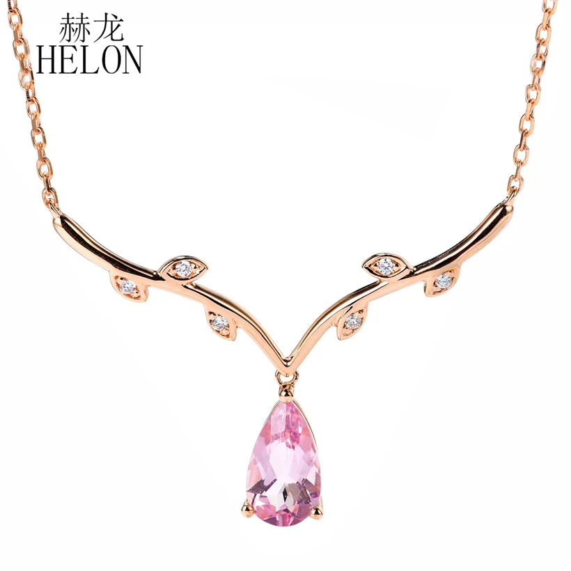 

HELON Solid 14K Rose Gold Antlers Shape Diamonds Necklaces Pendant Pear Genuine Pink Sapphire Pendant Women Chain Luxurious