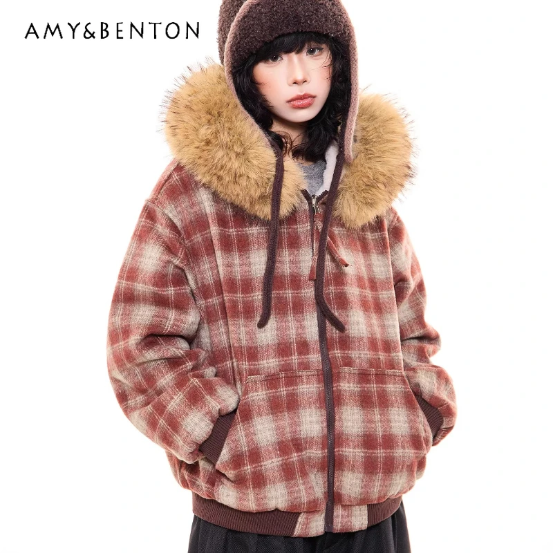 

American Retro Fur Collar Hooded Red Plaid Women's Coats 2025 Winter New Sweet Cool Couple Thickened Warm Cotton Jackets Ladies