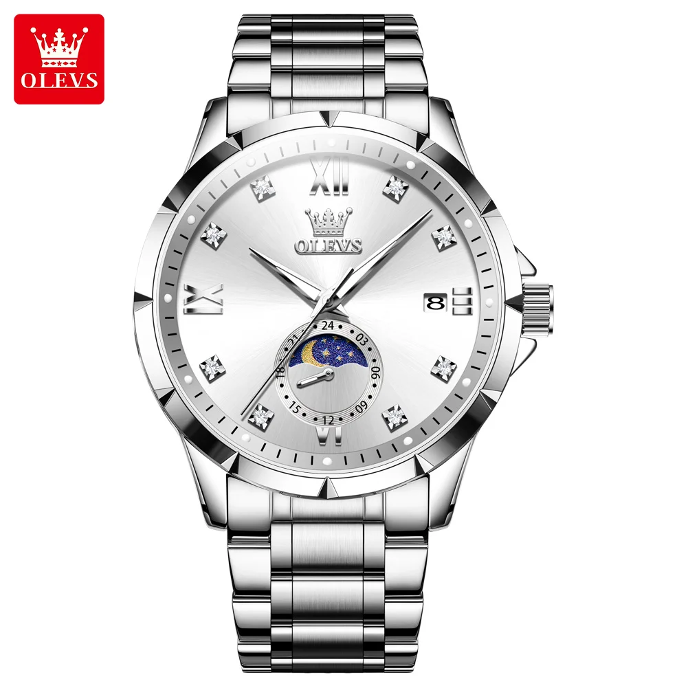 OLEVS Moon Phase Man Watch Solid Steel Strap Auto Date Hand Clock Luxury Diamond scale Original Quartz Men's Wrist Watches 2956