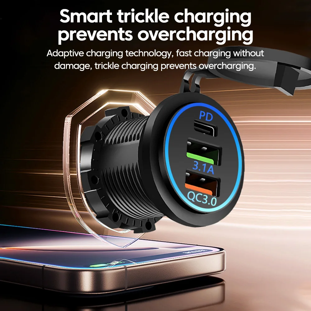 Motorcycle Car Charger Waterproof Modified QC3.0 Dual USB Type-C Charger Car Auto Motorcycle Accessories With 12V-24V Voltmeter