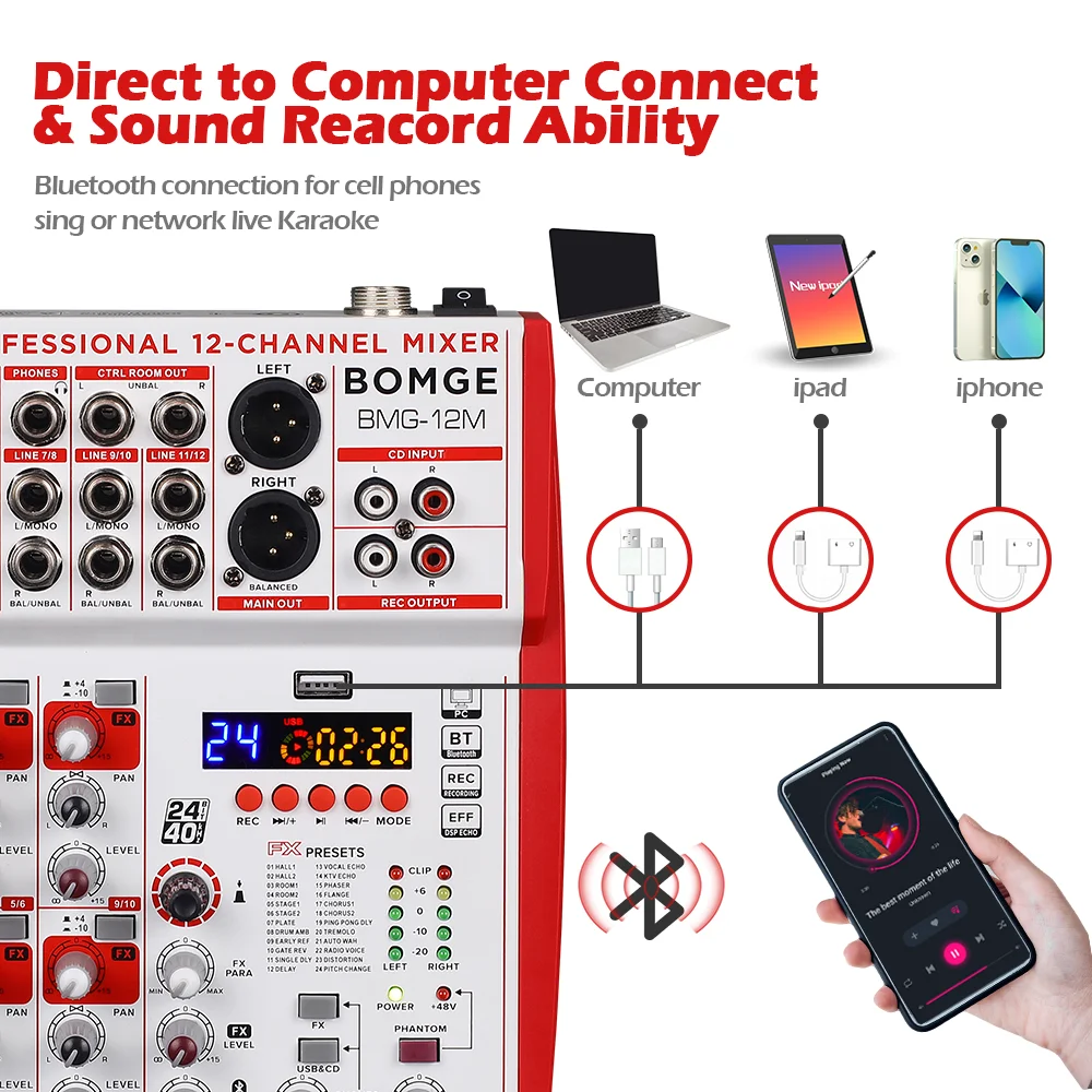 BMG-12M Popular Hot Sale Good Audio Mixer 12ch Usb Mixing Console for Streaming
