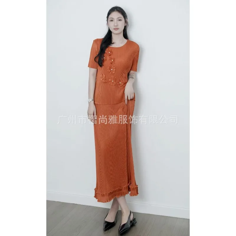 Miyake Pleated Skirt Set Plisse 2026 Summer New Miyake Pleats Floral Solid Color Simple Elegant Fold Top and Skirt Set Women