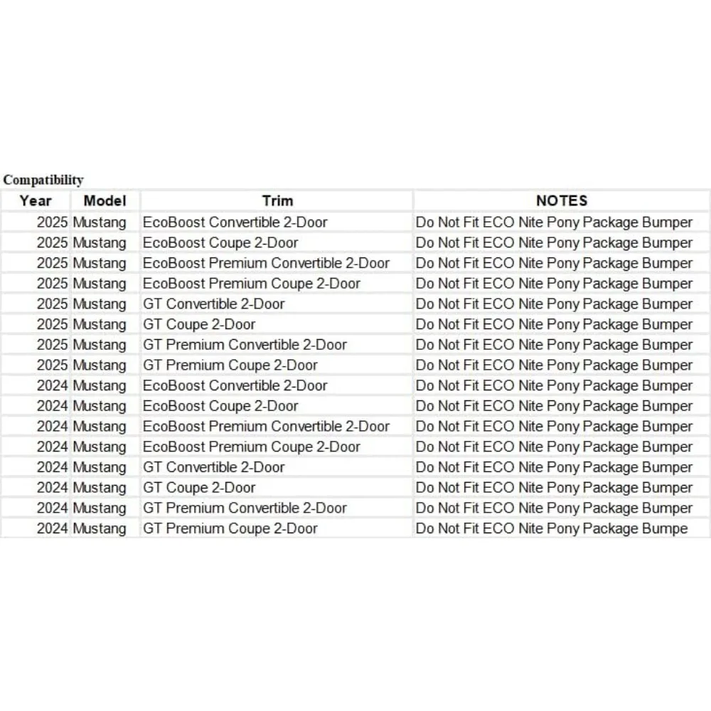 طقم سبويلر للمصد الأمامي باللون الأسود اللامع لـ 2024-2025 Ford Mustang EcoBoost GT مكون من 3 قطع