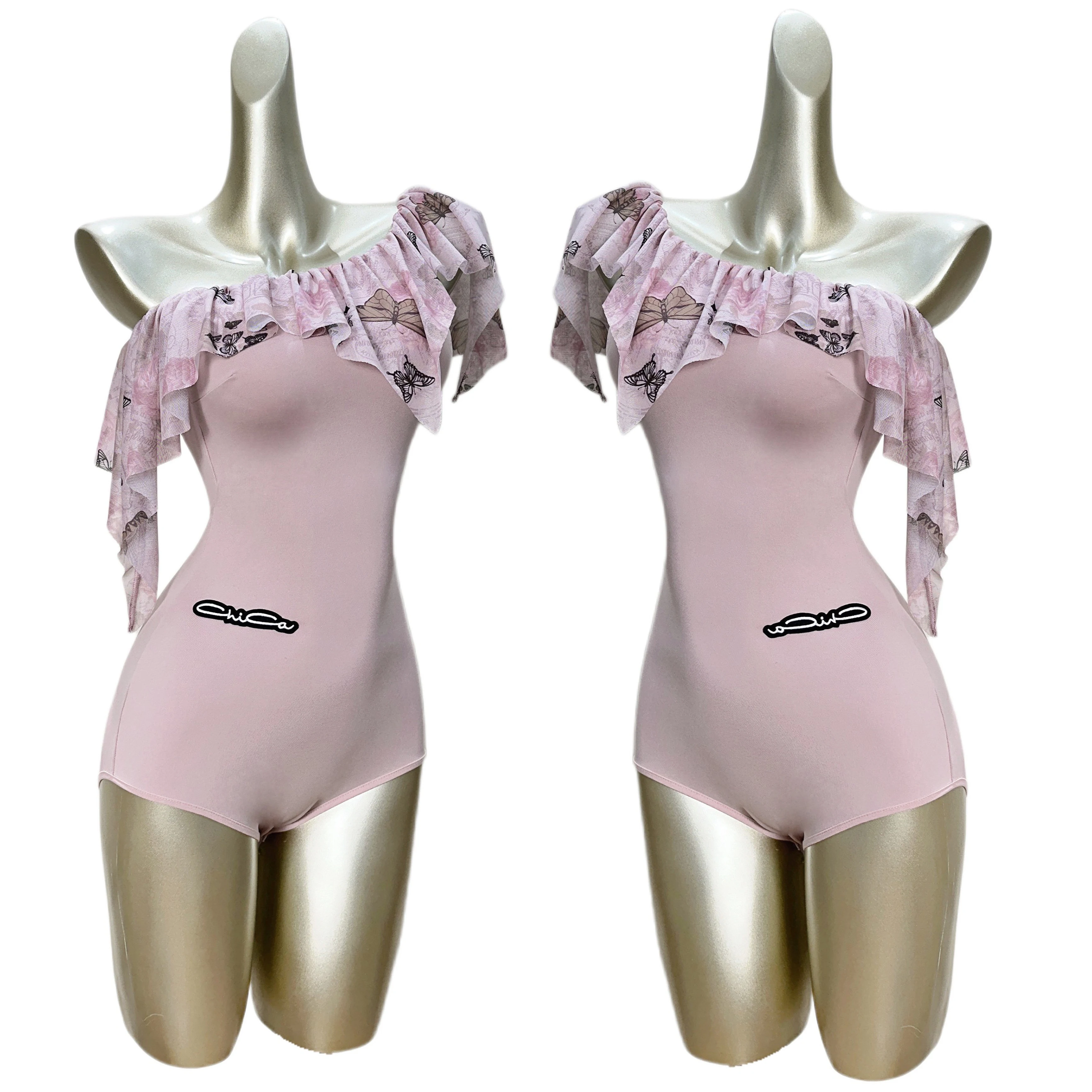 

New Oblique Shoulder Latin Dance Tops Fairy Ruffled Pink Gray Leotards Women Latin Ballroom Dance Clothes Practice Wear DNV20678