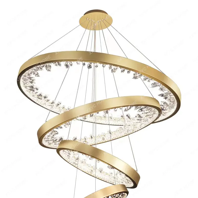 Modern Crystal Chandelier Rings Loft Stair Hanging Light Fixture Gold Home Decor Luxury Hotel Ceiling Round Cristal Hall Lamp