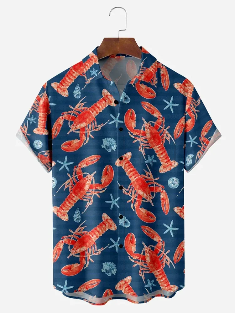 New Men\'s Shirt Big Lobster Print Hawaiian Men\'s Casual Lapel Top Comfortable Men\'s Short Sleeve Shirt Large Size Fashionable Be