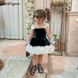 SoDigne A-line Velvet 3D Flower Flower Girl Dress Square Collar Sleeveless Princess Kid Gown Birthday Party Dresses Customized