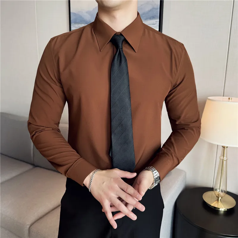 Men Long Sleeved Shirt 2024 Autumn New British Style Solid Color Casual Elastic Slim Fit Formal Shirt High-quality Men Clothing