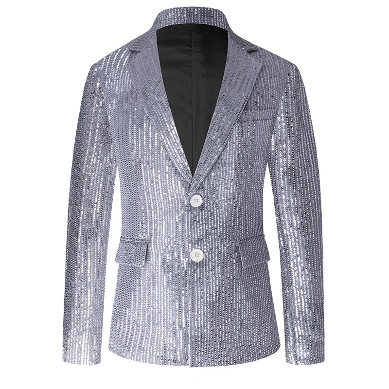 Men's Sequins Suit Jacket Solid Color Slim Nightclub Bar Male Singer Stage Performance Festival Party Shiny Silver Blazer Tuxedo