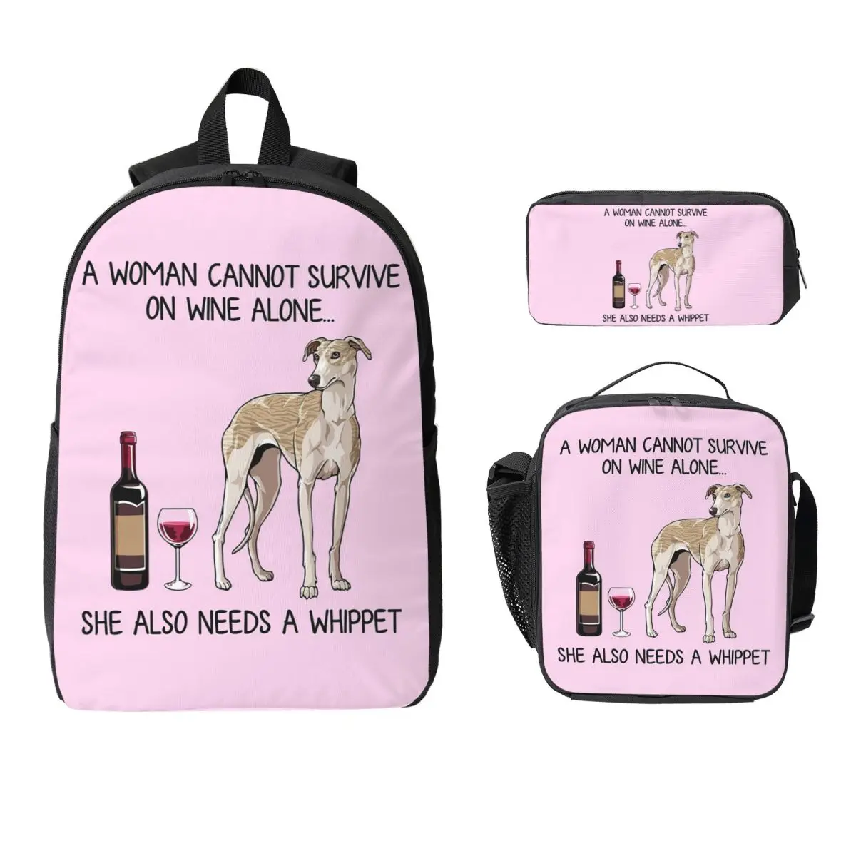 Whippet Dog And Wine Funny Gift For Dog Mom Backpack BookBag School Bag Shoulder Bags 3ps Insulated Lunch Bag Pencil Case