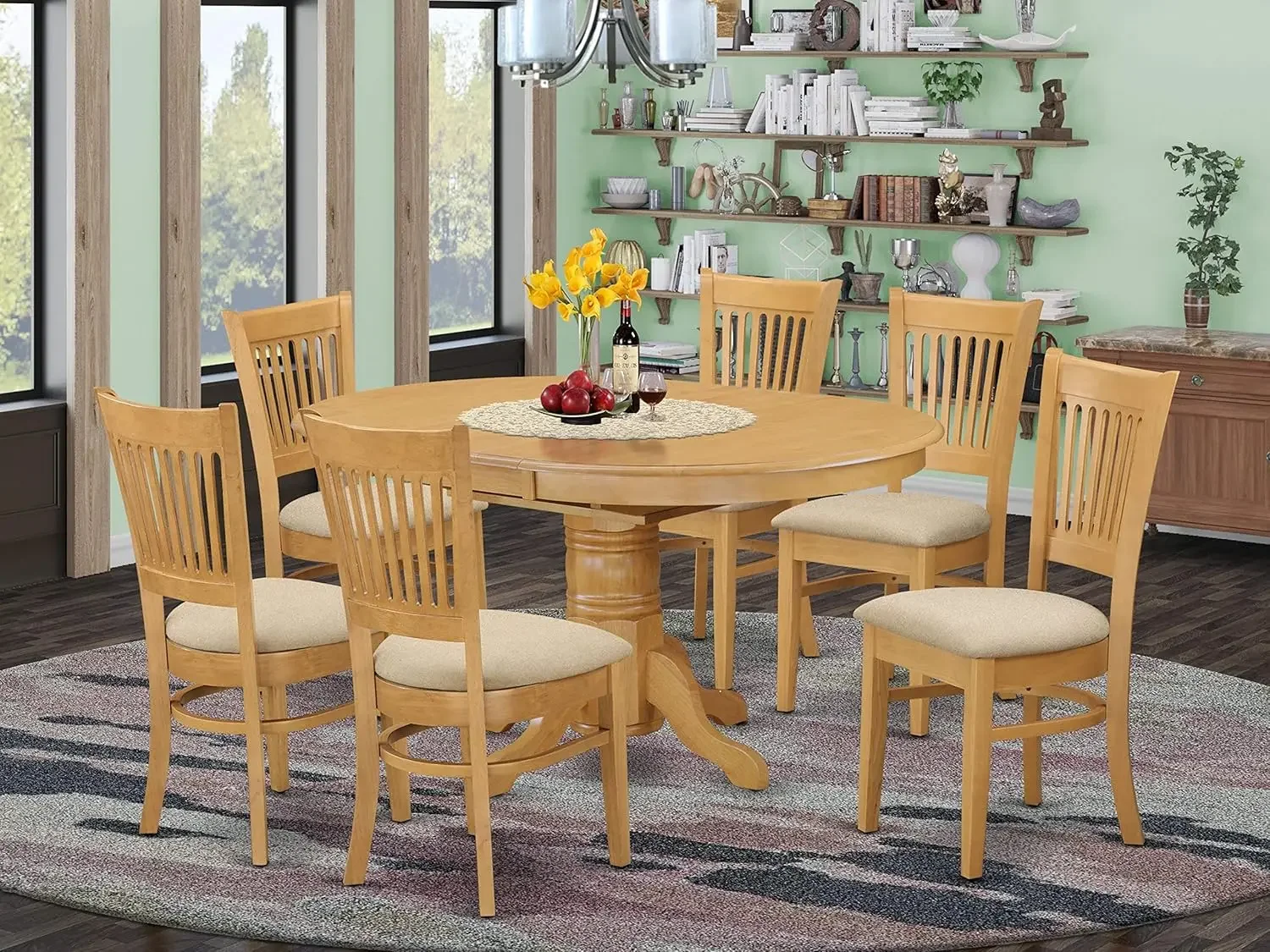 Mid-Century Dining Table Set- 6 Fantastic Dining Chairs with Linen Fabric Seat - A Wonderful Butterfly Leaf Round Dining Table