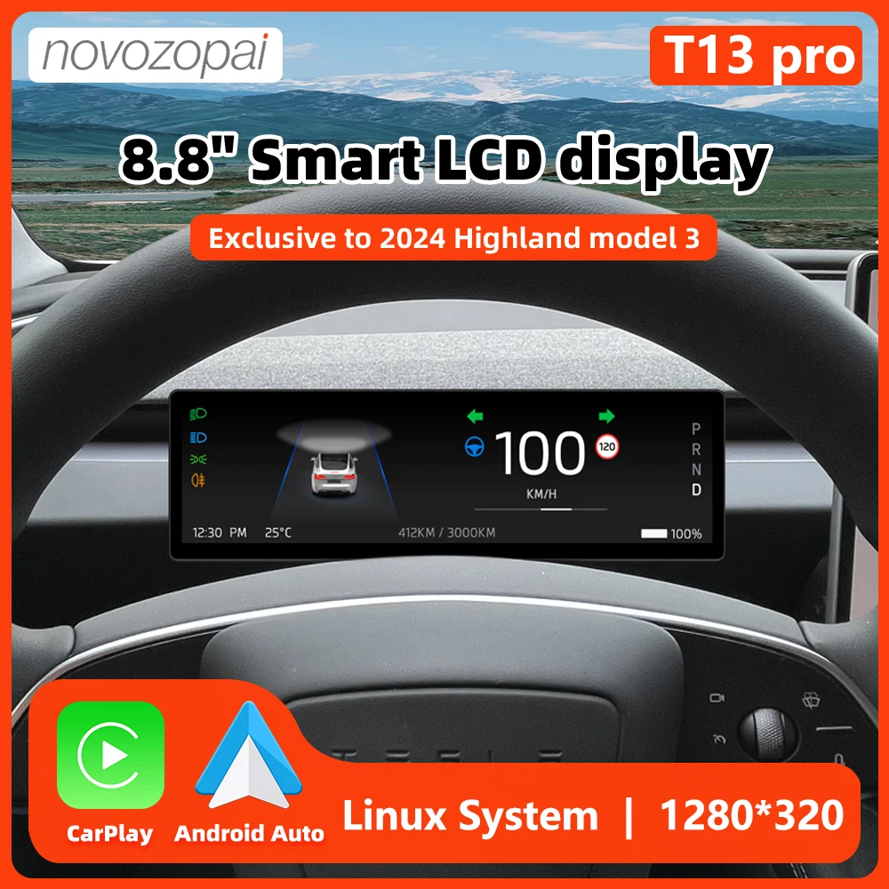 شاشة لوحة القيادة Novozopai T13 Pro 8.8 بوصة Linux OS فقط لطراز Tesla 3 Highland 2024 Sopport Wireless Carplay Android auto