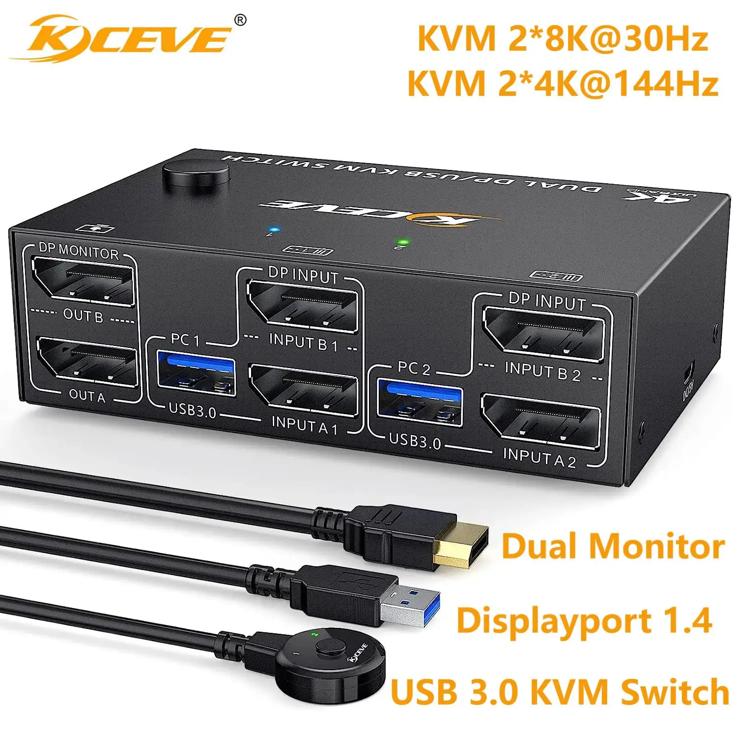 KVM Switch Dual Monitor DisplayPort 1.4 8K@30Hz 4K@144Hz 2 in 2 Out,DP1.4 KVM Switch and 4 USB3.0 for 2 Computers Compatible DP