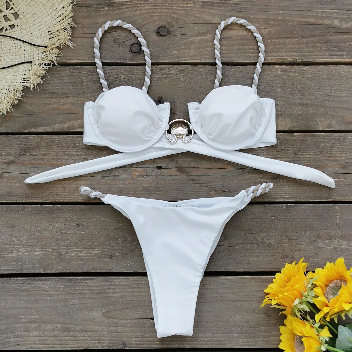 Sexy 3-Piece Push-Up Bikini Set 2025 Women's Shell Button Swimwear with Long Skirt Bathing Suit Beach Cover up Female Swimwear