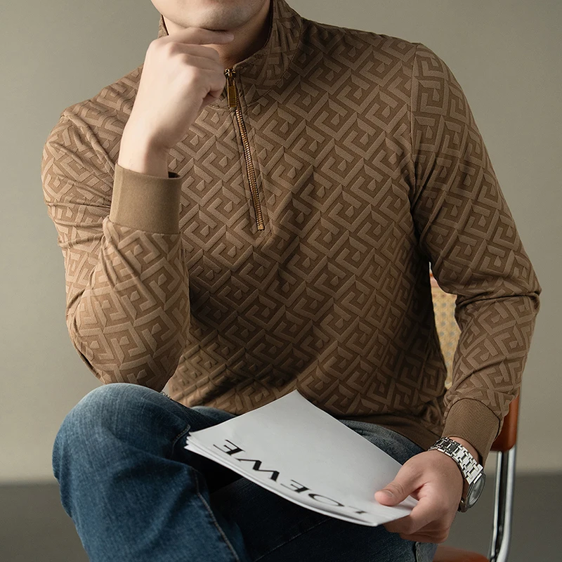 Fashion unique jacquard men long sleeve T-shirt luxury casual spring autumn Korean style half zipper stand up collar sweatshirt
