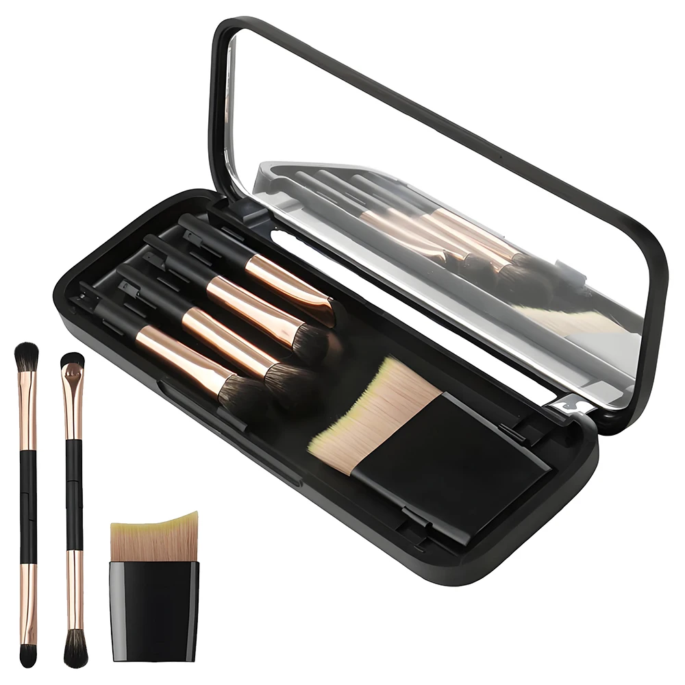 

5-in-1 Travel Makeup Brush Set Portable Dual-Ended Eye Shadow Brushes with Mirror Case Mini Cosmetic Beauty Tools
