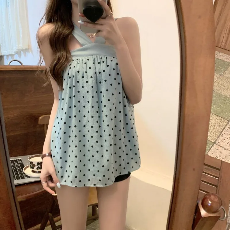 Office Lady Summer Women\'s Clothing Halter Polka Dot Printing Pullover Sleeveless Contrast Color Casual T-shirt All-match Tops