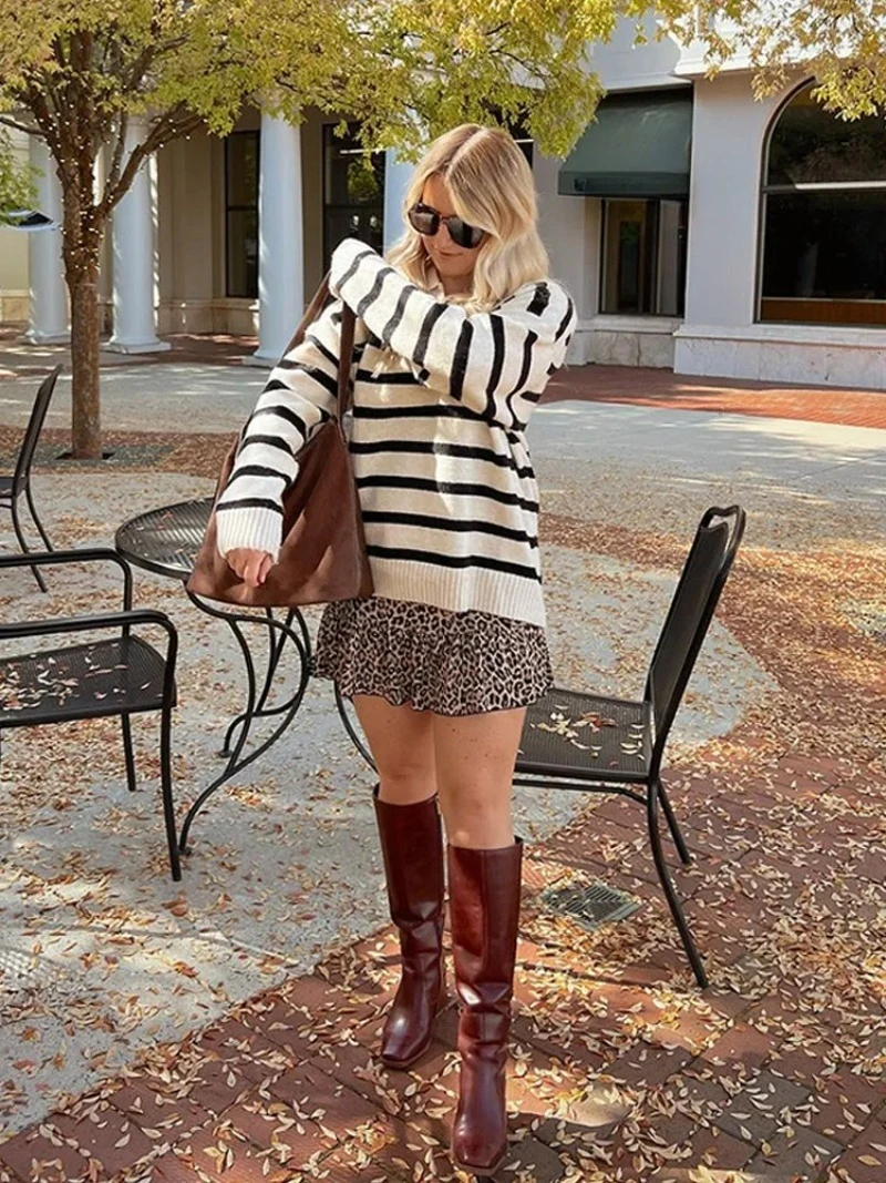 Casual Revers Frauen Streifen Gestrickte Pullover Pullover 2025, Herbst Mode Volle Hülse Lose Jumper Vintage Dame Pendeln Knittops