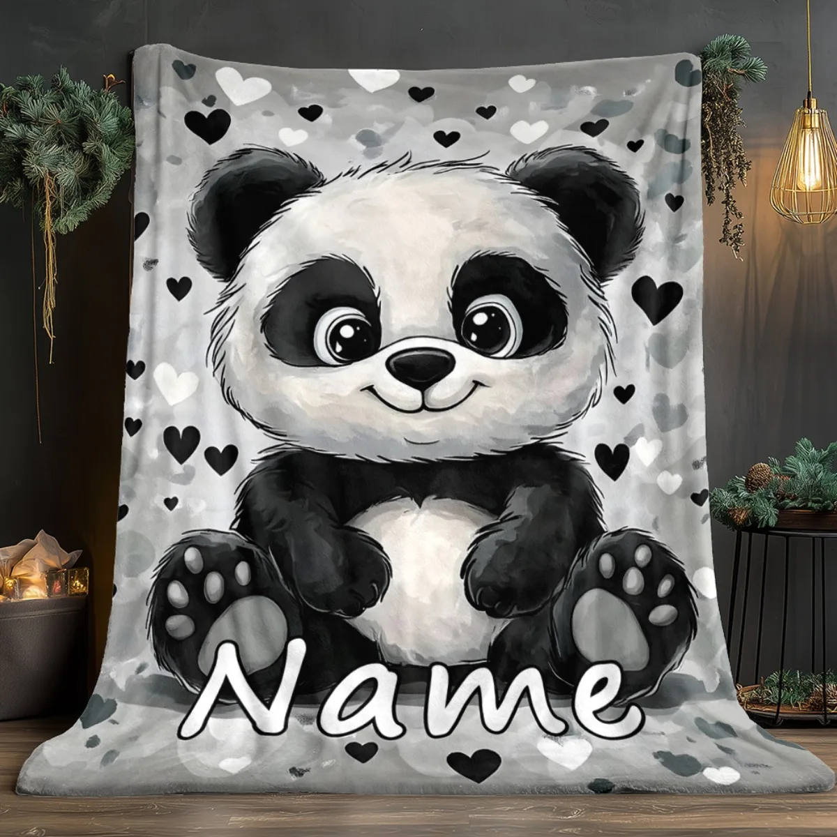 Personalized Panda Blanket Cute Cartoon Panda With Hearts Background Custom Name Soft Fleece Throw Gift For Kids And Babies