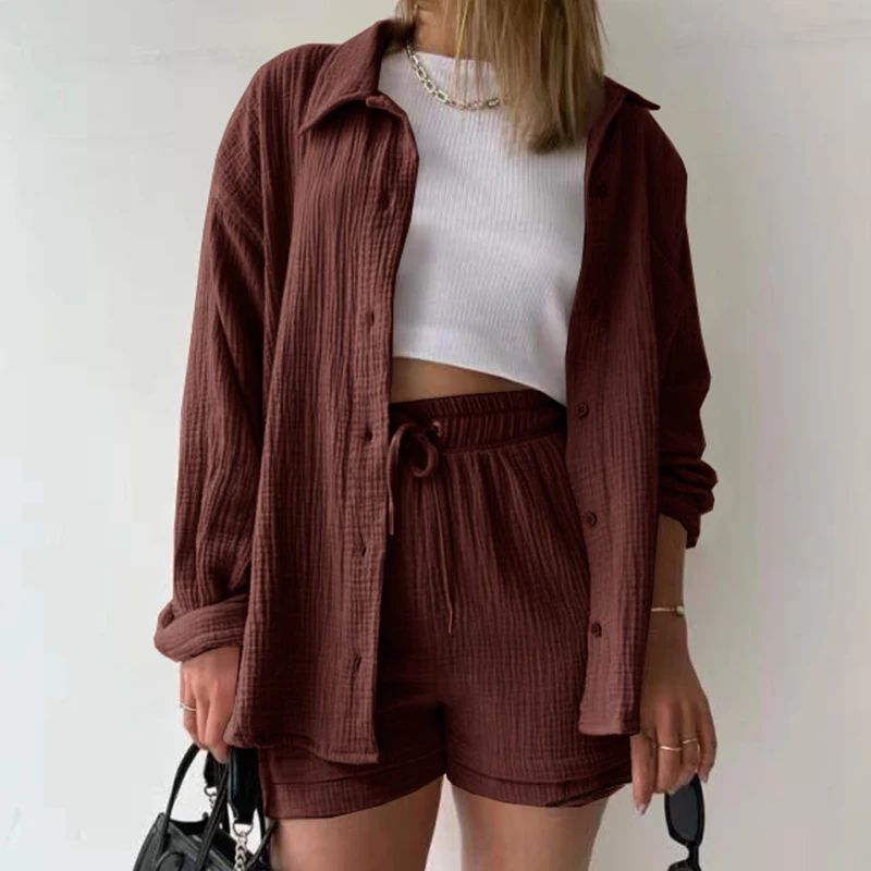 Lace-up Wide Leg Short Pants Wrinkled Loose Long Sleeve Pockets Shirt And Blouses 2-Pieces Solid Casual Sets Thin Woman Clothes