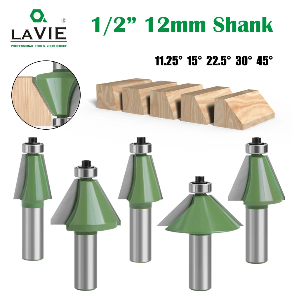 LAVIE 5 pz 12 MM 1/2 "Gambo Smusso Router Bit 11.25 15 22.5 30 45 Gradi Fresa per Macchina Per Legno MC03233