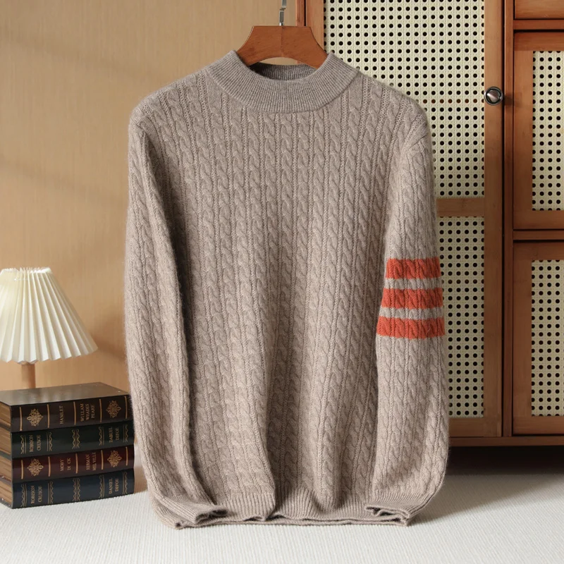 100% Cashmere Sweater Men's Round Neck Sweater Color Block Cable Knit Pullover Autumn Winter New Long Sleeve Knitted Base Shirt