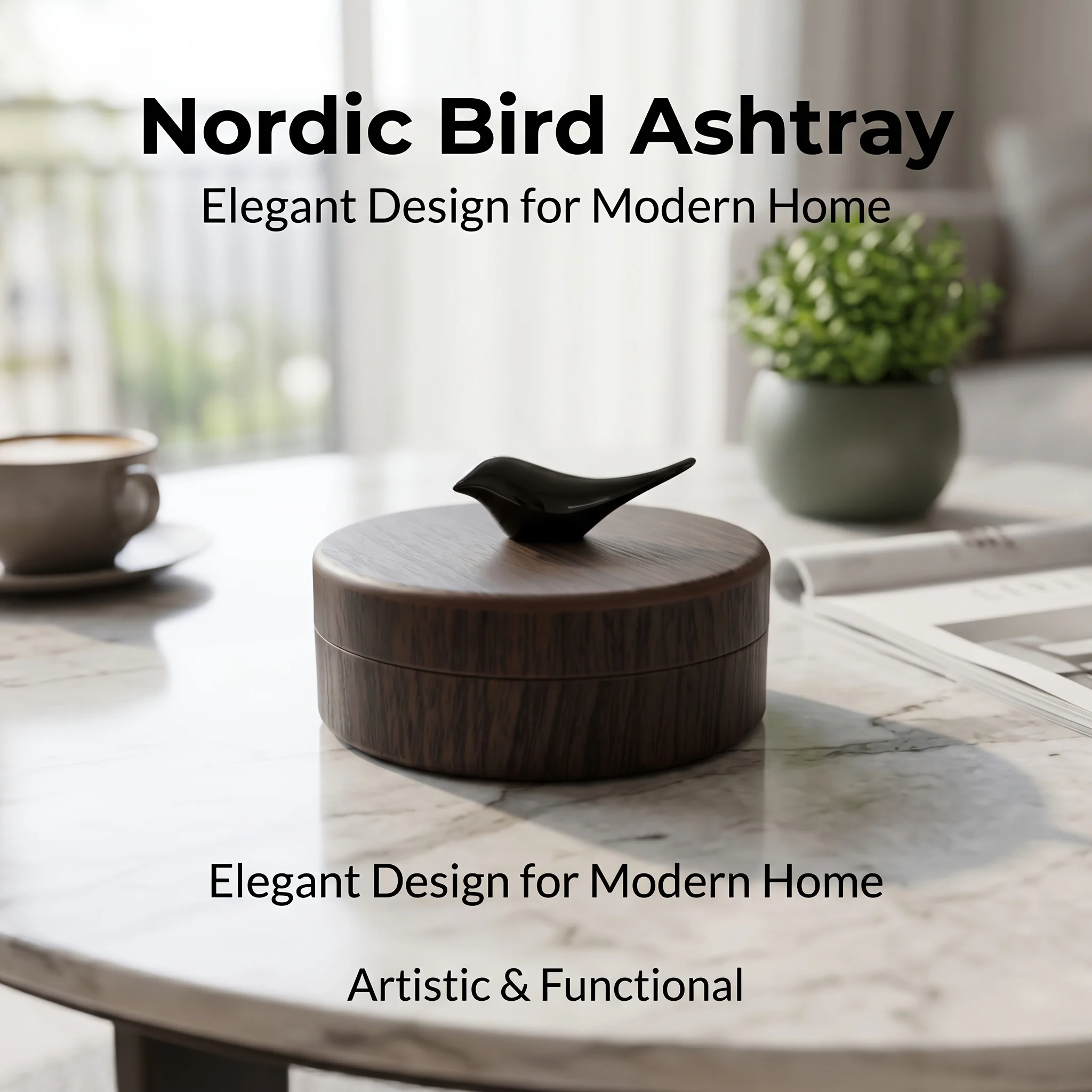 1pcs Bird shaped ashtray with lid, stainless steel lining, easy to clean wood grain ashtray, suitable for home offices